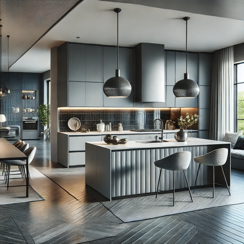 A contemporary kitchen with sleek tile flooring, modern cabinets, and a spacious island with pendant lighting