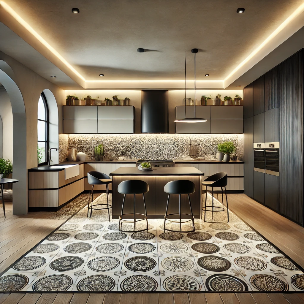 A contemporary kitchen with stylish tile flooring. The space features modern cabinetry, a spacious island, and bright lighting