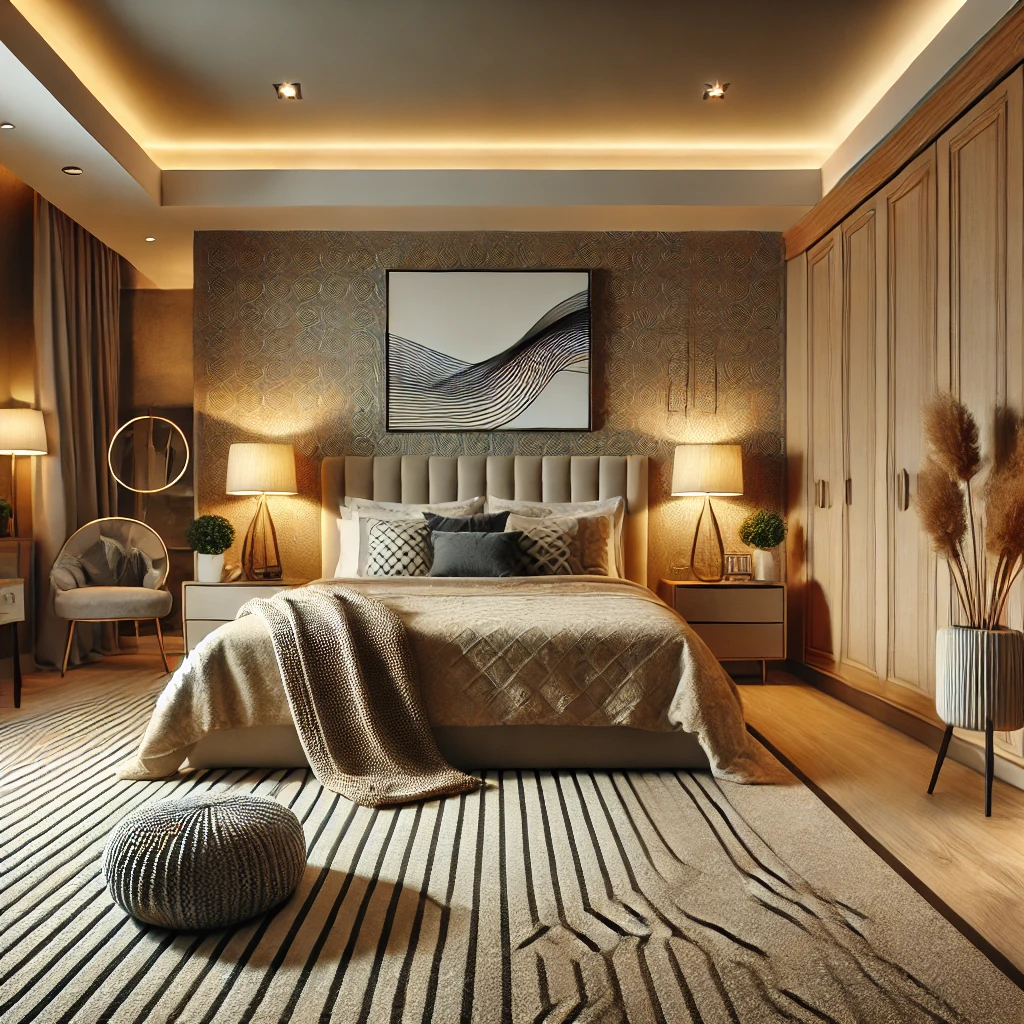 A cozy bedroom with stylish carpet flooring. The space features a modern bed, soft lighting, and decor that complements the warm and inviting carpet