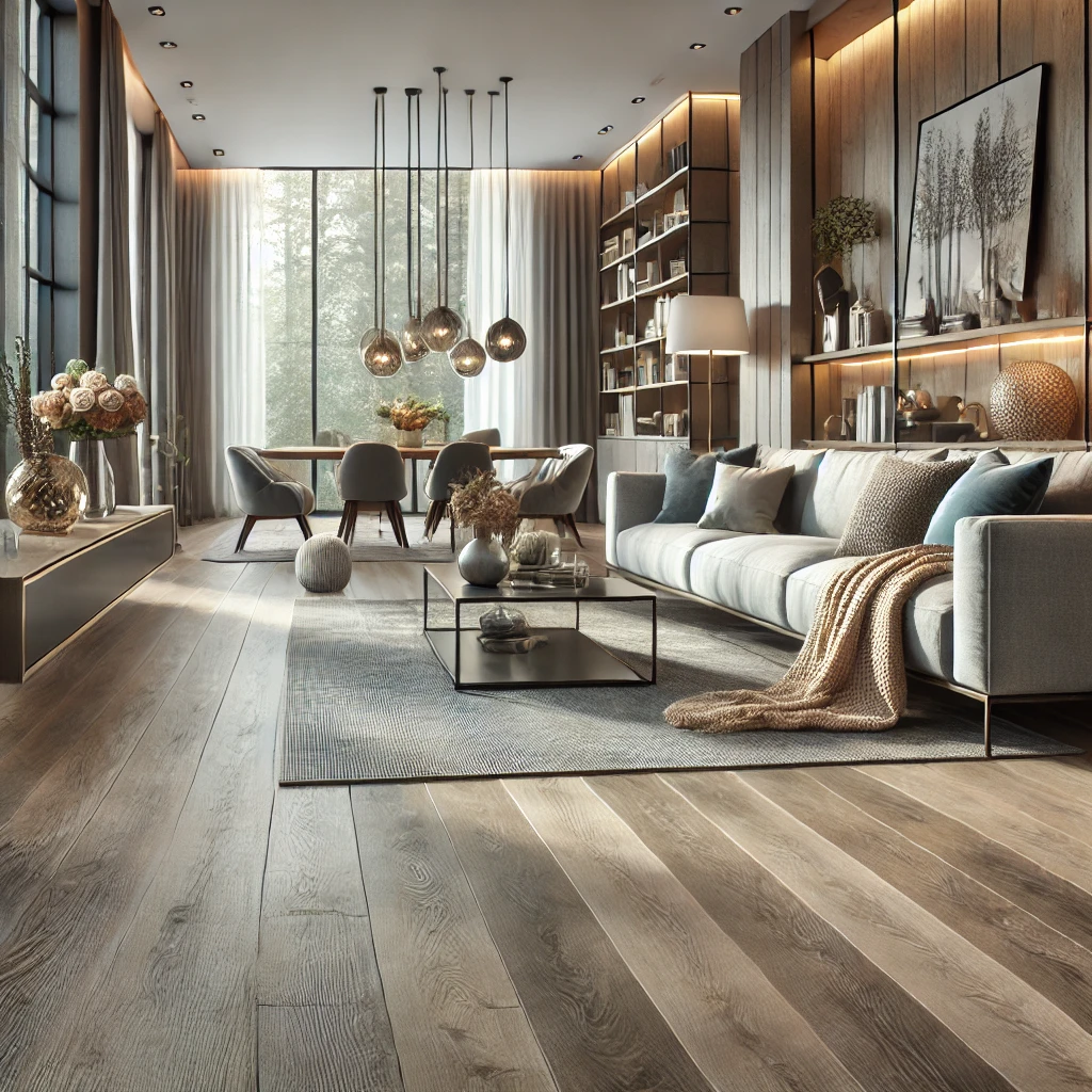 A modern living room with luxury vinyl plank flooring. The room features large windows, stylish furniture, and a cozy ambiance, highlighting the sleek